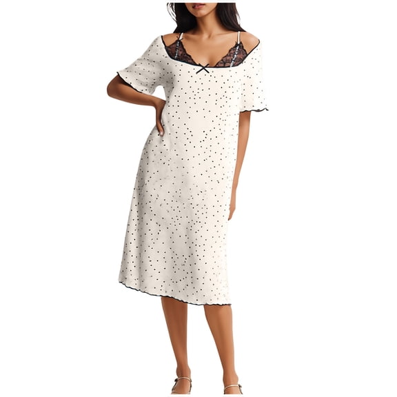 Tnhcen Women's Lace Cami Off Shoulder Sleep Dress Polka Dot Print Spaghetti Straps Nightgown Nyl Spandex S-XL Plus Size Casual Lingerie