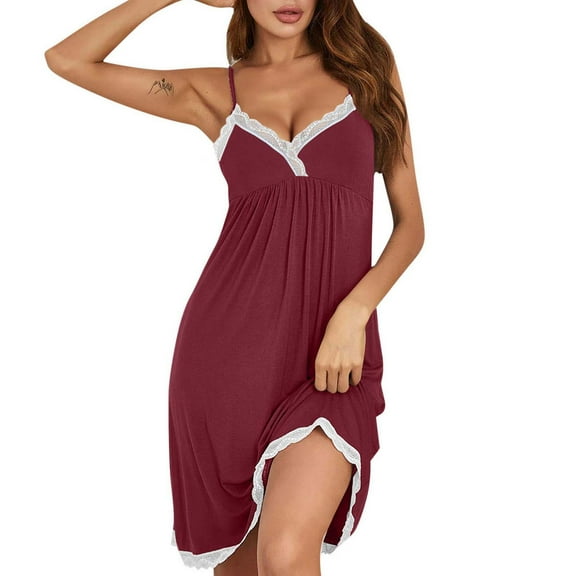 Tnhcen Women's Lace Ruffled Sleep Dress - Spaghetti Strap Loose Fit Pajama Dress Casual Home Wear with Ruffled Edges Soft Dress for Bedroom & Lounging S-2XL