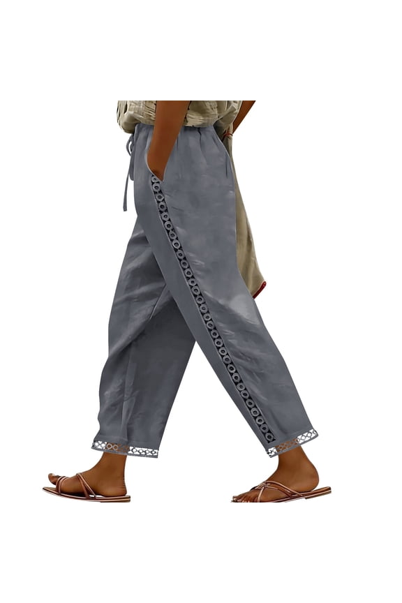 Women's Lace Trim Palazzo Pants, Drawstring Waist Wide Leg Casual Trousers, 100% Polyester Crinkle Cotton-Linen Look Summer Pants S-2XL