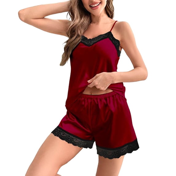 Tnhcen Women's Lace Trim Tank & Shorts Sleepwear Set Sexy Solid Color Icy Silk Pajama Homewear for S to 2XL