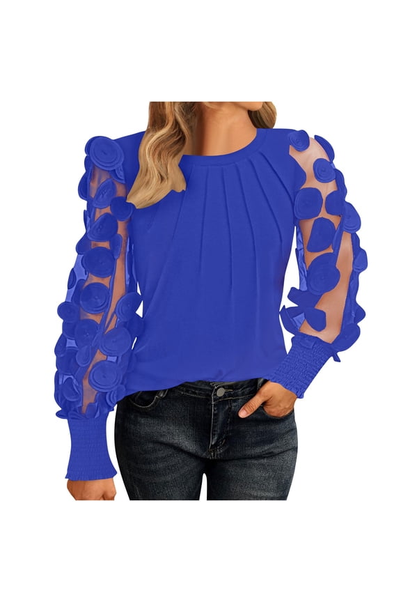 Tnhcen Women's Latest Fall Floral Mesh Sleeve Crewneck Long Sleeve Ruffled Blouse - Plus Size Friendly Nylon Spandex Tops S-2XL
