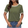 thumbnail image 1 of Tnhcen Women's Latest Solid Color Crewneck Short Sleeve T-Shirt | Colorblocked Edge Blouse with Contrasting Trim | Stretchy Summer Tops (S-2XL) | Casual Daily Wear Plus Size Friendly, 1 of 7