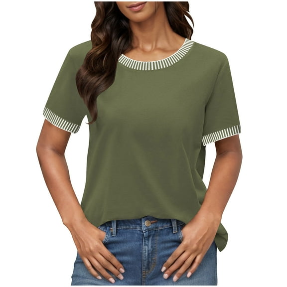 Tnhcen Women's Latest Solid Color Crewneck Short Sleeve T-Shirt | Colorblocked Edge Blouse with Contrasting Trim | Stretchy Summer Tops (S-2XL) | Casual Daily Wear Plus Size Friendly