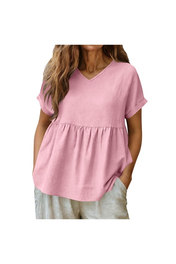 Women's Light Blue V-Neck Ruffle Detail Short Sleeve Blouse, Loose Fit Casual Summer Top, Boho Chic Tunic Shirt for Women S-3XL