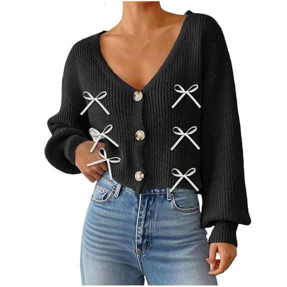 Tnhcen Women's Lightweight Cardigan Bow Decor V-Neck Sweater Acrylic Knit Open Front Pearl Button Jacket Fall Fashion Thin Knitwear Casual Chic Cover Up S-XL Sizes