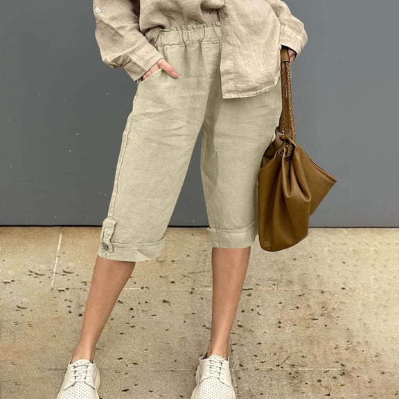 Tnhcen Women's Linen Blend Capri Pants with Elastic Waist 60% Cotton 40% Linen Straight Leg Cropped Pants Breathable Summer Casual Pants with Pockets S-2XL