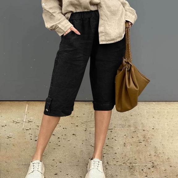 Tnhcen Women's Linen Blend Capri Pants with Elastic Waist 60% Cotton 40% Linen Straight Leg Cropped Pants Breathable Summer Casual Pants with Pockets S-2XL