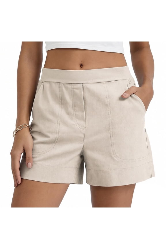 Women's Linen Blend Casual Shorts with Pockets, Mid Waist Summer Comfort Shorts, 60% Cotton 40% Linen Pre-Shrunk Loose Fit Short Pants for Women in S-2XL