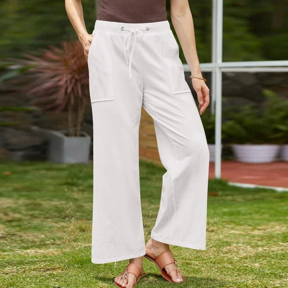 Tnhcen Women's Linen Blend Drawstring Pants - Casual Wide Leg Trousers with Pockets Spring Autumn Lightweight Relaxed Fit for Plus Size S-5XL