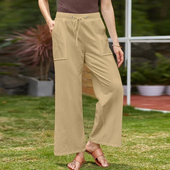 Tnhcen Women's Linen Blend Drawstring Pants - Casual Wide Leg Trousers with Pockets Spring Autumn Lightweight Relaxed Fit for Plus Size S-5XL