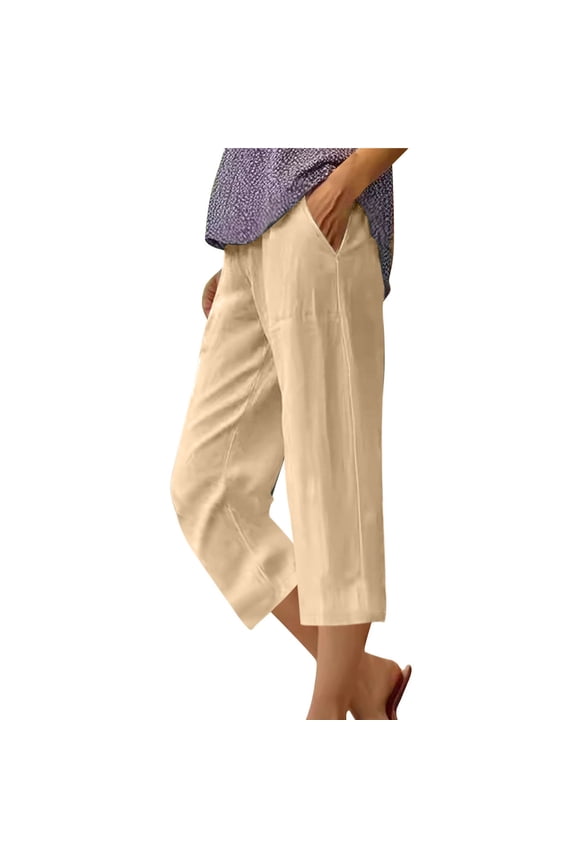 Women's Linen Blend Pants with Pockets Breathable Summer Loose Fit Knee-Length Capris Linen Pre-Shrunk Casual Lounge Wear Multiple Colors Available S-3XL