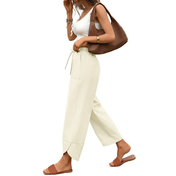 Tnhcen Women's Linen Blend Wide Leg Pants with Drawstring Waist 60% Cotton 40% Linen Pre-Shrunk Casual Lounge Pants Elastic Waist Comfort Trousers with Pockets S-2XL