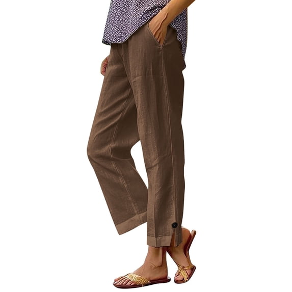 Tnhcen Women's Linen-Cotton Blend Straight Leg Pants Button Design Elastic Waist Plus Size Trousers Pre-Washed Soft Casual Pants Wrinkle-Resistant Trousers for Women S-3XL