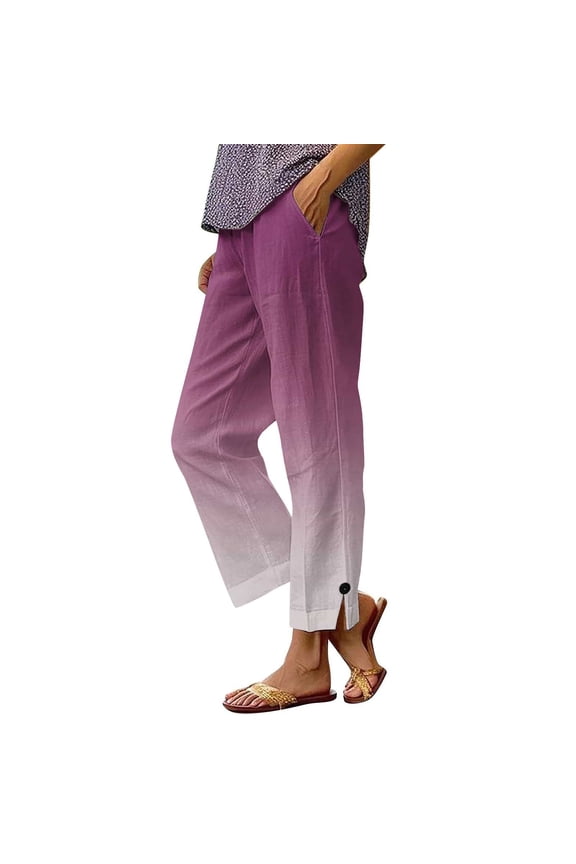 Women's Linen-Look Straight Leg Pants with Pockets Elastic Waist Trousers Pre-Shrunk Washed Wrinkle Casual Pants S-2XL Multiple Colors Available