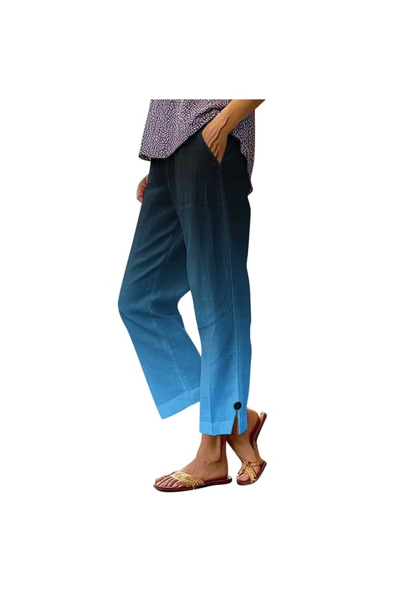 Women's Linen-Look Straight Leg Pants with Pockets Elastic Waist Trousers Pre-Shrunk Washed Wrinkle Casual Pants S-2XL Multiple Colors Available