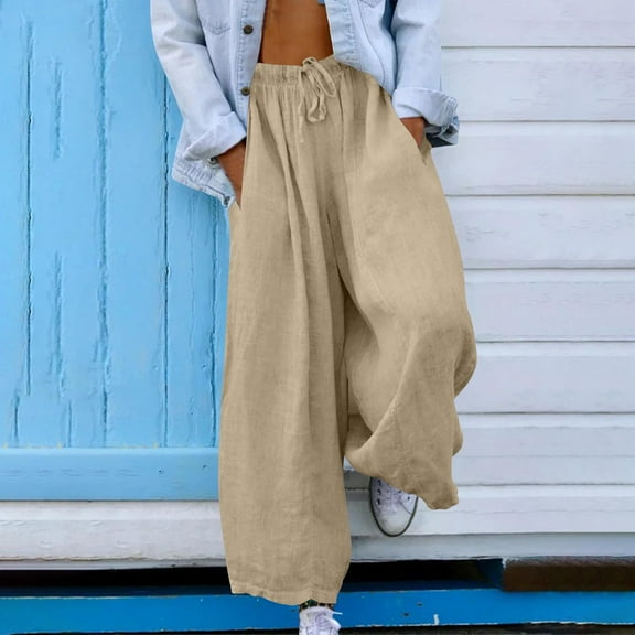 Tnhcen Women's Linen-Look Wide Leg Pants with Drawstring Waist Pre-Shrunk Imitation Cotton Linen Oversized Hem Casual Trousers with Pockets S-2XL