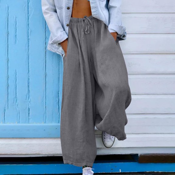 Tnhcen Women's Linen-Look Wide Leg Pants with Drawstring Waist Pre-Shrunk Imitation Cotton Linen Oversized Hem Casual Trousers with Pockets S-2XL