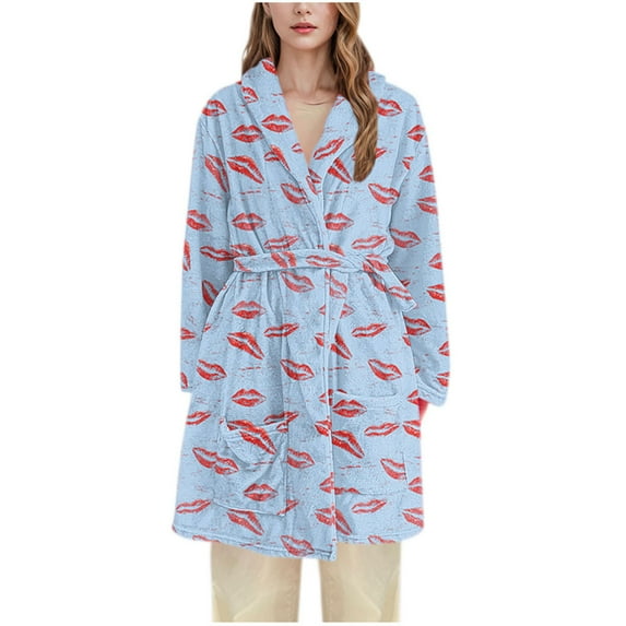 Tnhcen Women's Lip Print Robe Flannel Bathrobe Long Sleepwear Cozy Loungewear Sizes M-3XL Multiple Colors Available