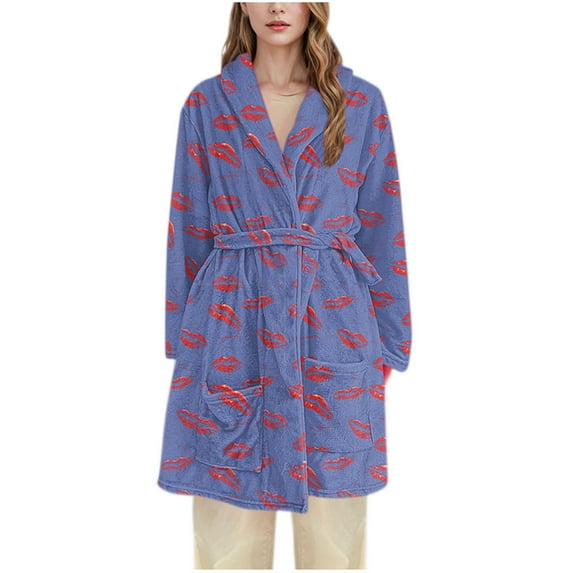 Tnhcen Women's Lip Print Robe Flannel Bathrobe Long Sleepwear Cozy Loungewear Sizes M-3XL Multiple Colors Available