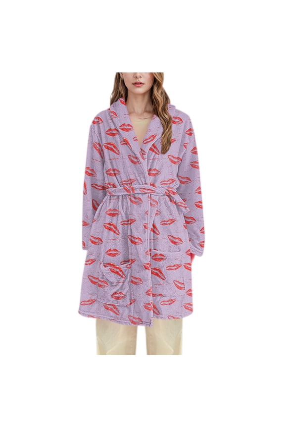 Women's Lip Print Robe Flannel Bathrobe Long Sleepwear Cozy Loungewear Sizes M-3XL Multiple Colors Available