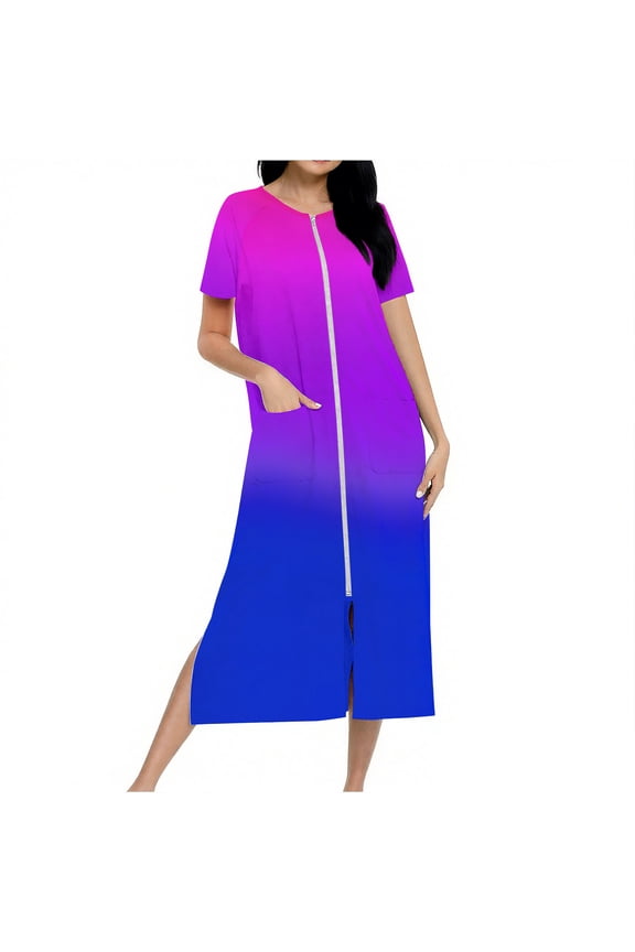 Women's Long Robe with Pockets Zip Up Bathrobe Loungewear Sleepwear Polyester Spandex Milk Silk Double Sided Fleece Ombre Color Long Nightgown S-2XL Blue
