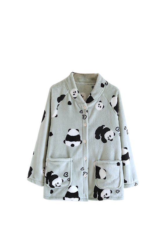 Women's Long Sleeve Cute Print Flannel Button Cardigan Pajamas- Thickened Coral Fleece Sleepwear with Double Pockets (M-XL)