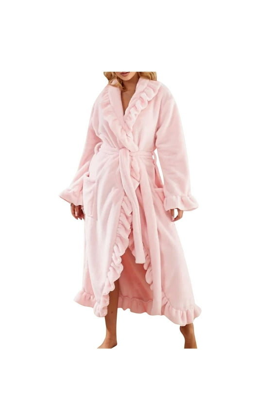 Women's Long Sleeve Fleece Robe with Pockets - Adjustable Tie Frayed Edge Bathrobe Plus Size Loungewear S-XL | Soft Warm Bathrobe for Bedroom & Spa