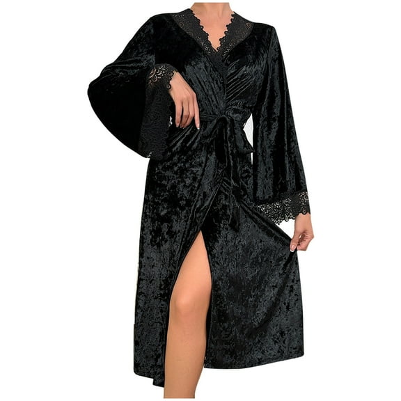 Tnhcen Women's Long Sleeve Lace Trim Velvet Sleepwear Dress - Solid Color Long Robe Pajamas Home Wear with Belt Plus Size (S-L)
