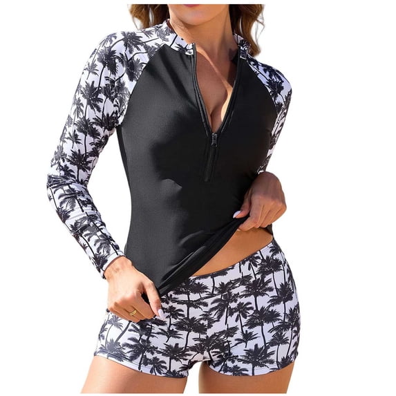 Tnhcen Women's Long Sleeve Rash Guard Bikini Set, Palm Print Swimwear with UPF 50+ Sun Protection, 2 Piece Swimsuit for Beach, Pool, Surfing, S-2XL