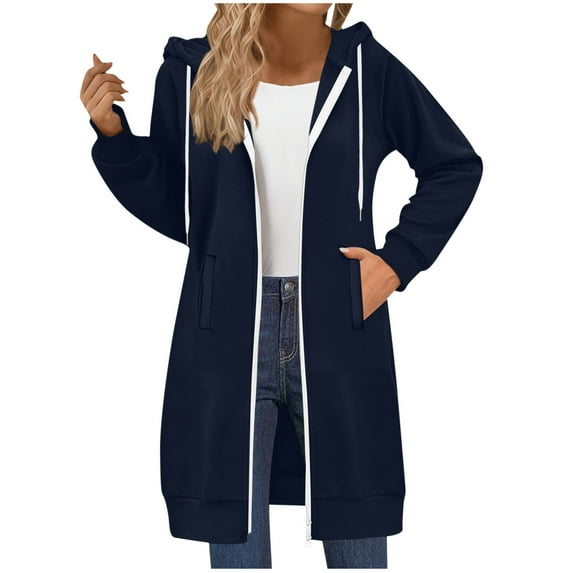 Tnhcen Women's Long Sleeve Solid Color Hooded Cardigan Double Way Zipper Front Pockets Thin Coat Fall Fashion Outerwear Japanese Sweatshirt S-2XL