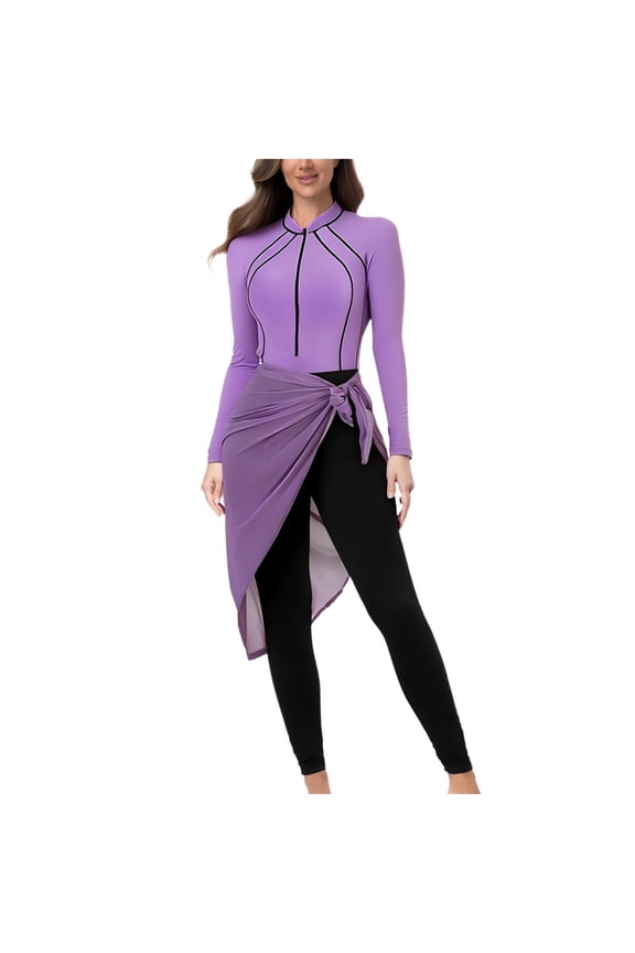 Women's Long Sleeve UV Protection 3 Piece Swimsuit Set, Rash Guard Surf Shirt, Diving Suit with Skirt, Quick Dry Nylon Spandex, S-XL