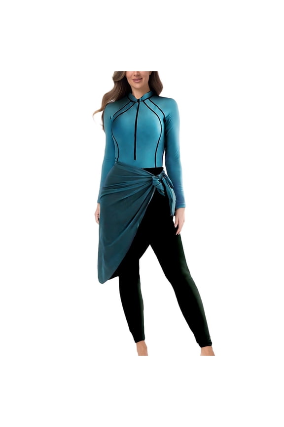 Women's Long Sleeve UV Protection 3 Piece Swimsuit Set, Rash Guard Surf Shirt, Diving Suit with Skirt, Quick Dry Nylon Spandex, S-XL