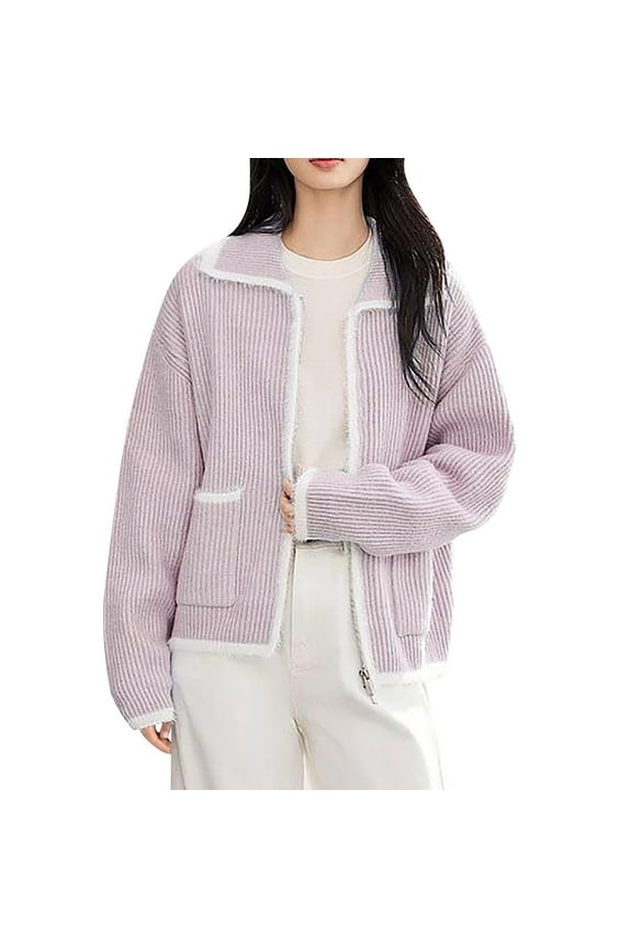 Women's Loose Fit Cardigan Zip Front Long Sleeve Sweater High Neck Pocket Pullover Solid Color Knit Open Front Free Size