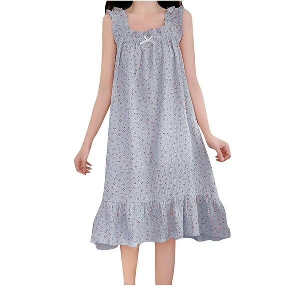 Tnhcen Women's Loose Fit Cherry Print V-Neck Ruffle Sleep Dress with Bow Trim Casual Polyester Pajama for S-2XL Home Wear