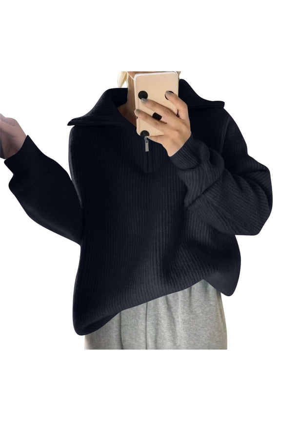 Women's Loose Fit Zip Up Sweater Acrylic Knit Collared Top Casual Long Sleeve Pullover Free Size Lounge Wear Soft Comfortable V-Neck Cardigan
