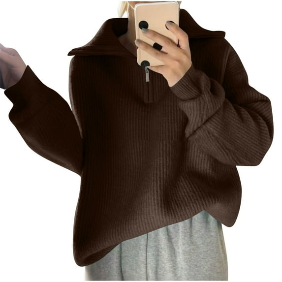 Tnhcen Women's Loose Fit Zip Up Sweater Acrylic Knit Collared Top Casual Long Sleeve Pullover Free Size Lounge Wear Soft Comfortable V-Neck Cardigan