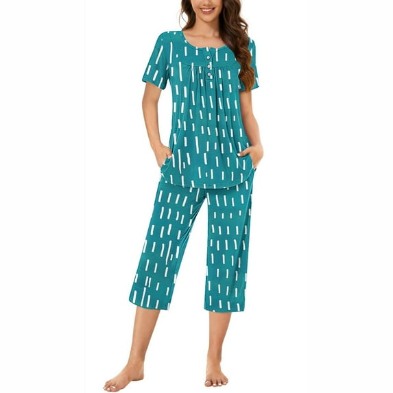 Tnhcen Women's Loose comfortable 2-Piece Summer Print Pajama Set Cozy Lightweight Short Sleeve Capri Pants with Pockets S-3XL