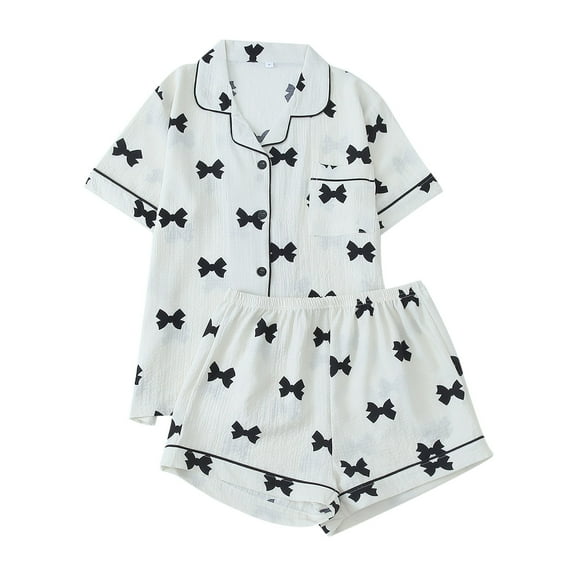 Tnhcen Women's Lounge Wear Set Summer Cooling Print Short Sleeve Sleepwear with Button-Up and Shorts​ S-XL