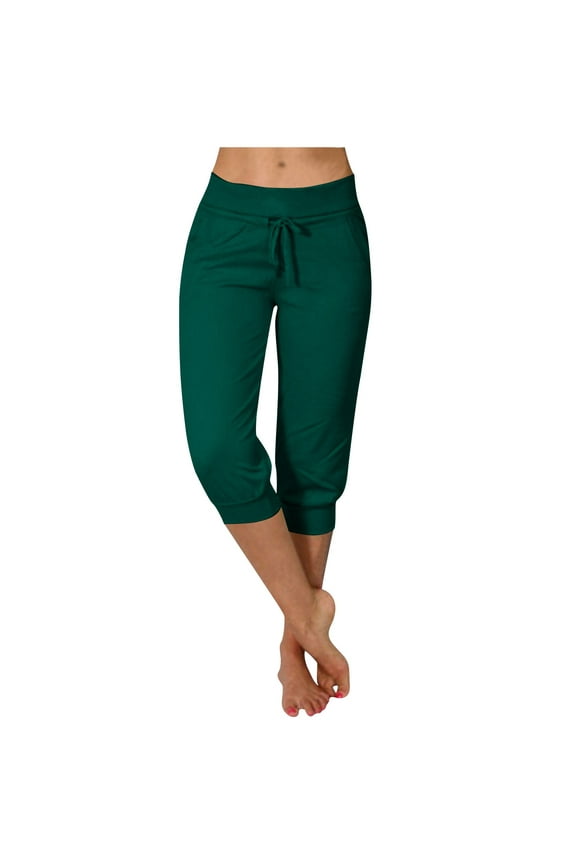 Women's Low-Rise Drawstring 7/8 Length Capri Pants - Slim Fit Stretchy Active Wear with Pockets Comfy Athleisure Cropped Pants for Women S-2XL