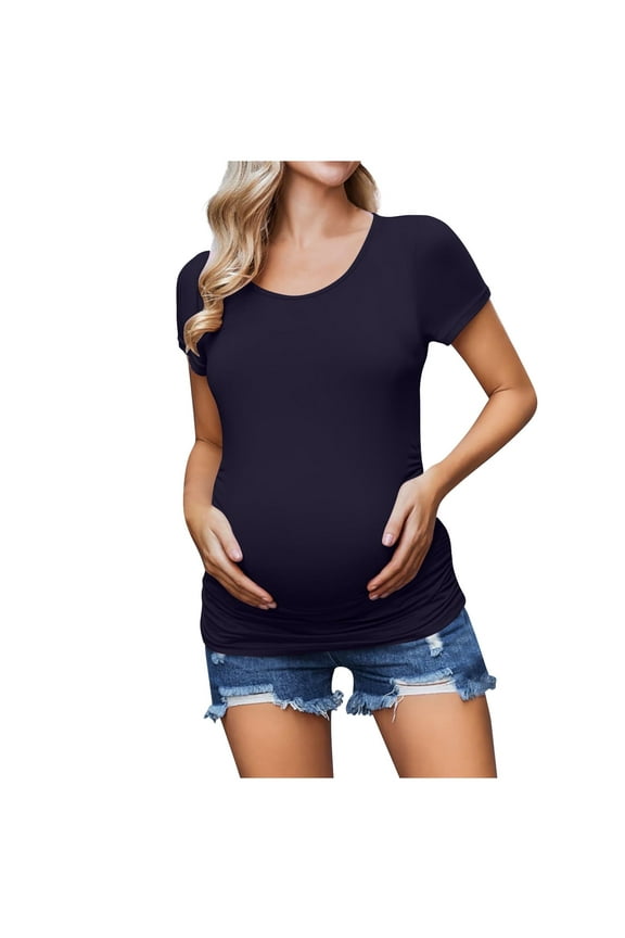 Tnhcen Women's Maternity Tops Short Sleeve Side Ruching Round Neck Shirt for Mother Maternity Shirts, Navy