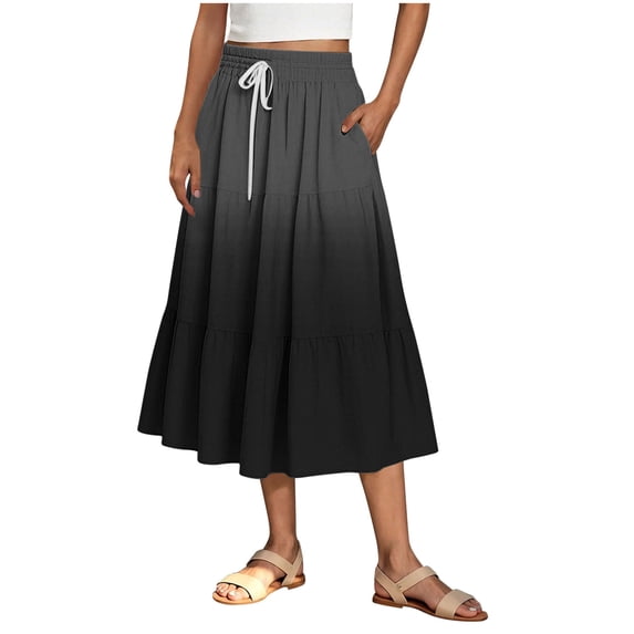 Tnhcen Women's Maxi Skirt High Waist Drawstring Gradient Print Pockets Elastic Waistband 4-Way Stretch Plus Size S-2XL Flowy Hem Long Skirt Casual