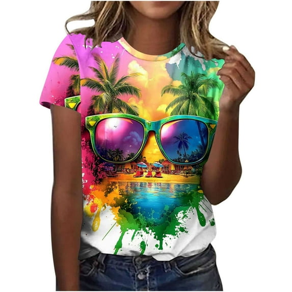 Tnhcen Women's Men's Summer Beach Vacation Colorful Print Crewneck T-Shirt | Basics Plus Size Friendly (S-5XL) Casual Daily Holiday Tops