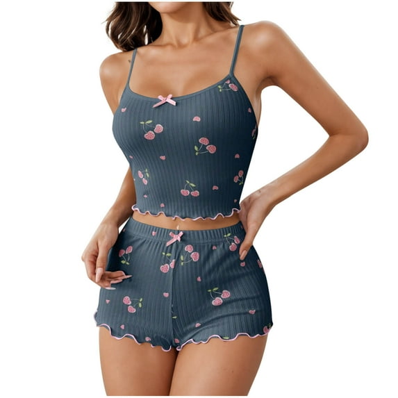 Tnhcen Women's Milk Silk Cherry Print Pajama Set Bow Trim Cami & Shorts Sleepwear S-XL Soft Summer Loungewear