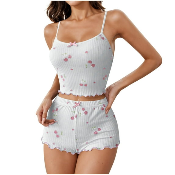 Tnhcen Women's Milk Silk Cherry Print Pajama Set Bow Trim Cami & Shorts Sleepwear S-XL Soft Summer Loungewear