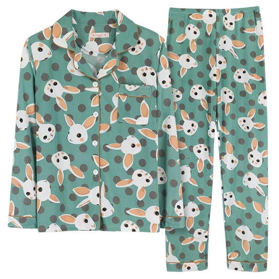 Tnhcen Women's Milk Silk Home Clothes Set Pajamas Set Cartoon Print Button Down Long Sleeve Pjs Set