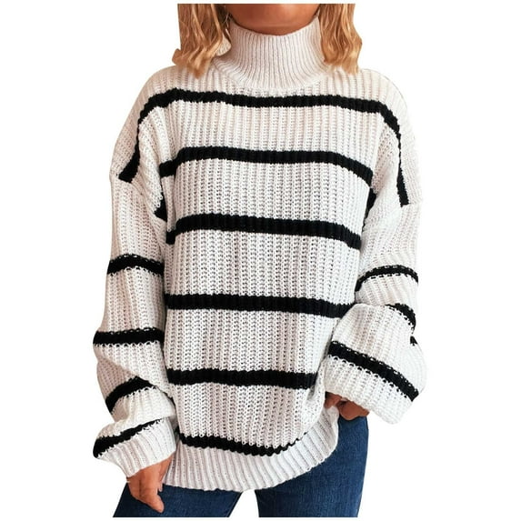 Tnhcen Women's Mock Neck Striped Sweater Loose Fit Pullover Top Soft Nylon Spandex Knit Casual Long Sleeve Plus Size Black White Stripe Print S-XL