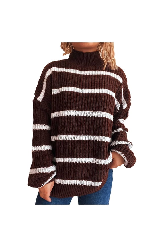 Women's Mock Neck Striped Sweater Loose Fit Pullover Top Soft Nylon Spandex Knit Casual Long Sleeve Plus Size Black White Stripe Print S-XL