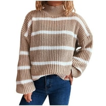 Tnhcen Women's Mock Neck Striped Sweater Loose Fit Pullover Top Soft Nylon Spandex Knit Casual Long Sleeve Plus Size Black White Stripe Print S-XL