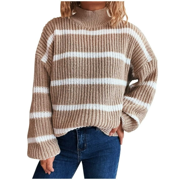 Tnhcen Women's Mock Neck Striped Sweater Loose Fit Pullover Top Soft Nylon Spandex Knit Casual Long Sleeve Plus Size Black White Stripe Print S-XL