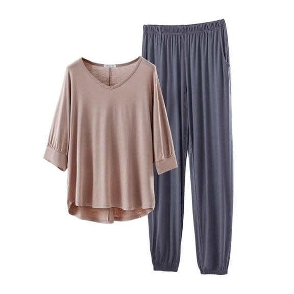 Tnhcen Women's Modal Sleepwear Set V-Neck Top with Lounge Pants 2-Piece Outfit Home Wear Comfortable Pajama Set Elastic Waist Side Pockets M-2XL